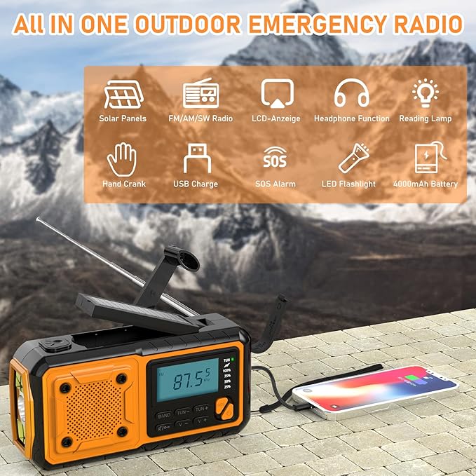 Goodes Hand Crank Emergency Radio - Portable AM/FM & Shortwave Radio with Solar/USB/Hand Crank Charging, 4000mAh Rechargeable Battery, Flashlight, Reading Light & SOS for Survival, Hiking & Storms