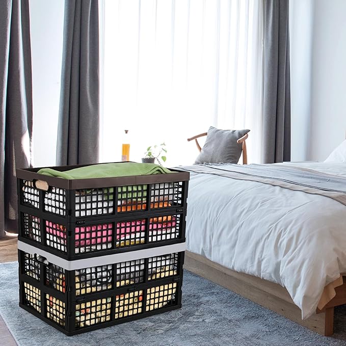 Gloreen 42 L Plastic Folding Storage Crates, Collapsible Crate for Storage, 4-Pack