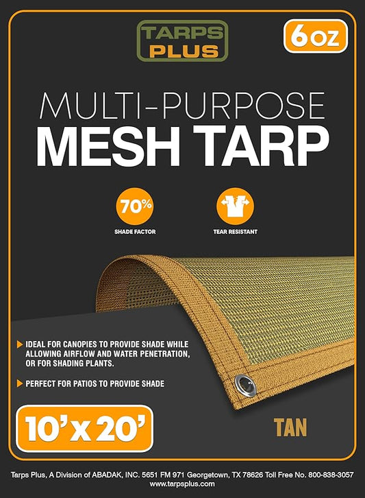 UV Resistant Tan Mesh Tarps 10' x 20' - Rip & Tear Proof Resistant Polyethylene Mesh for Plant Garden, Greenhouse House Patio, Car, Truck, Boat or RV, 70% Sunblock Shade