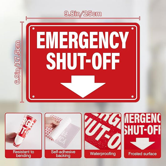 Emergency Shut-Off Sign Sticker with Down Arrow, Waterproof Durable Emergency Stop Stickers, Shut Off Valve Sign for Powered Machinery and Equipment