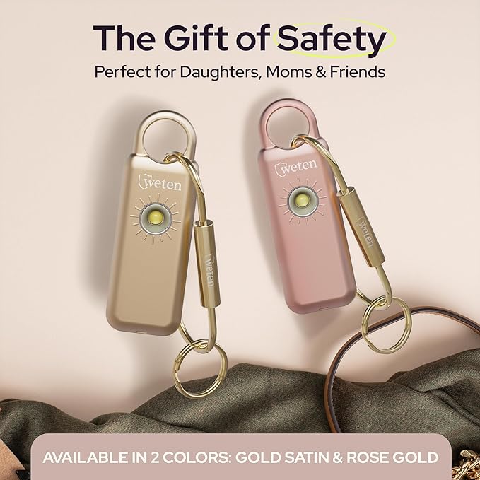Weten Personal Safety Alarm Keychain – 130dB Siren with Bottom Speaker, LED Light, Wristlet & Carabiner Clip – Weatherproof Self Defense Alarm with Low Battery Alert (Metallic Rose)