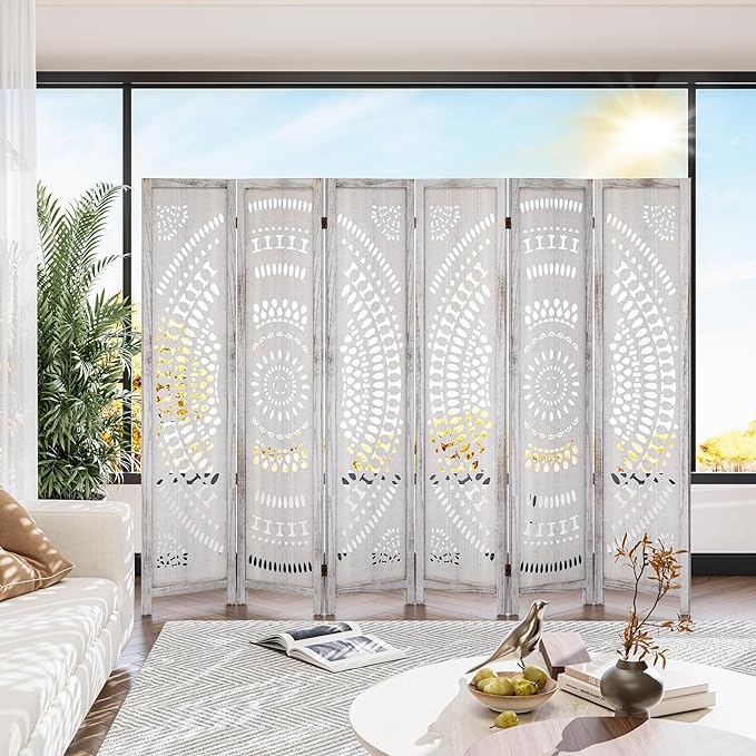 WelFurGeer Handcrafted Carved Wooden Room Divider Screen, Folding Privacy Screen for Room Separation, Decorative Room Dividers, 360° Adjustable Folding Panels for Privacy, Home, Office & Patio