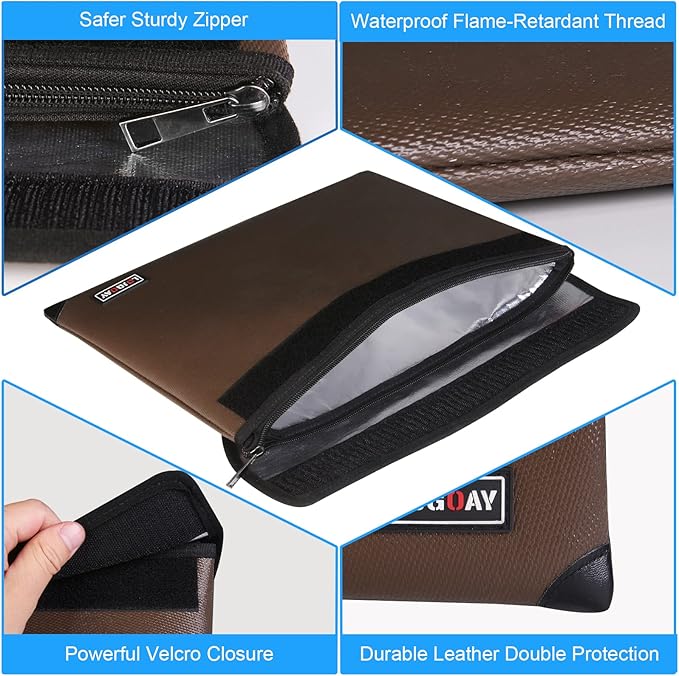 Fireproof Bag with 5200 Thermal Insulated, Waterproof Fireproof Box with Zipper, Safe for Home, Bank, Documents (13.9"x10.6", Brown)