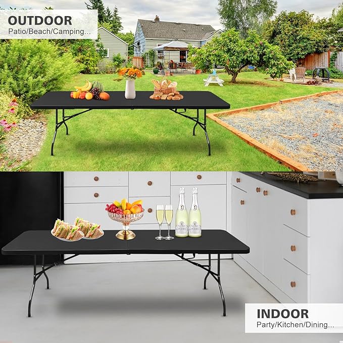 Portable 8Ft Plastic Folding Table, Heavy Duty 8ft Fold-in-Half Table with Carrying Handle, 8' Folding Utility Foldable Table for Picnic Party Camping Kitchen, Indoor/Outdoor (Black)