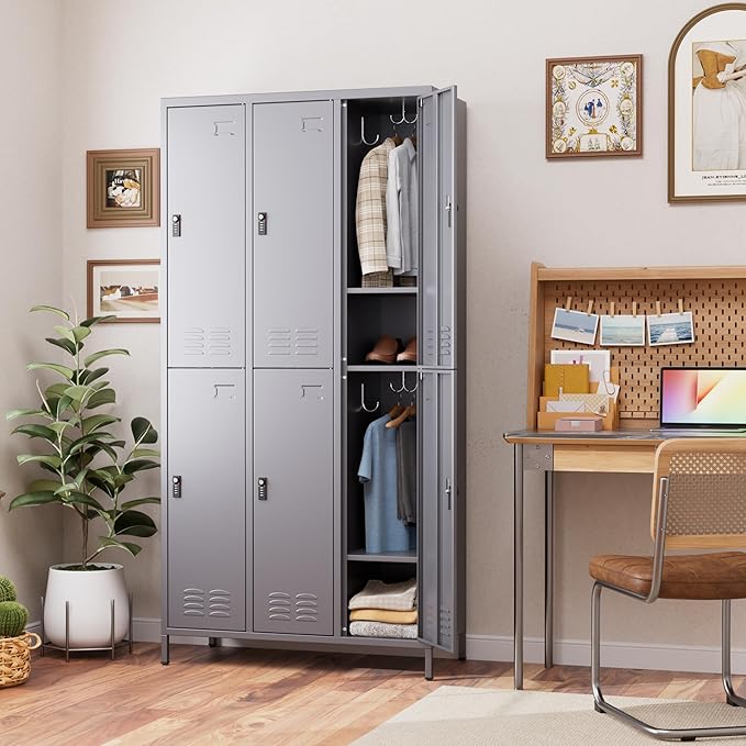 Metal Locker for Employees with Combination Locks,Metal Lockers with Business Card Holder and 18 Hooks for School Garage Office Gym Home,Assembly Required,Dark Grey