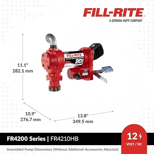 Fill-Rite FR4210HB 12V 20 GPM Fuel Transfer Pump with Discharge Hose & Automatic Nozzle, Red Gasoline, Diesel, Kerosene, Ethanol & Methanol Blends & Biodiesel