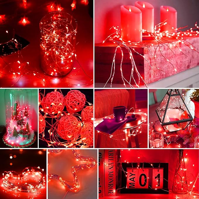 pozzolanas 24 Pack Red Battery Operated String Lights - 7ft Waterproof Fairy Lights with 20 LEDs for Home, Mason Jar, Party, Wedding, Halloween, Christmas Decorations
