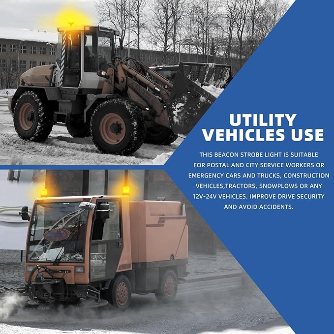 1-Pcs White LED Beacon Lights 12-24V Warning Safety Flashing Emergency Roadside Strobe Mini Light Bar with Magnetic Base for Snow Plow Truck Construction Vehicles Forklift Tractor Golf Carts