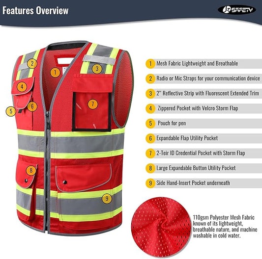 JKSafety 11 Pockets Hi-Vis Black Mesh Safety Vest for Men Women High Visibility Reflective Construction with Zipper Work Utility PPE Work Gear ANSI/ISEA compliant (102-Red L)