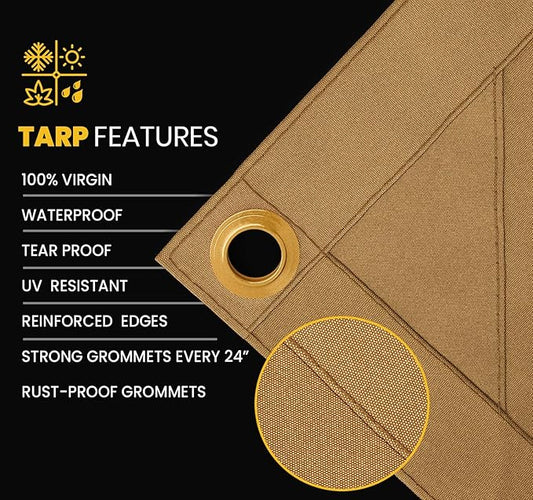 PROTARP Heavy Duty 14 OZ Water Resistant Canvas Tarp, UV Resistant Tarpaulin Cover with Rustproof Brass Grommets, Multipurpose for Canopy, Roof, Camping, Woodpile (Tan 18'X24')