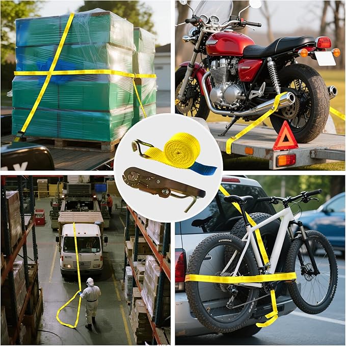 2 Pack Heavy Duty Ratchet Tie Down Straps 2" x8' – 6614 lbs Break Strength Cargo Straps with Metal Hooks for Truck, Trailer, Moving, Motorcycle & ATV, Yellow