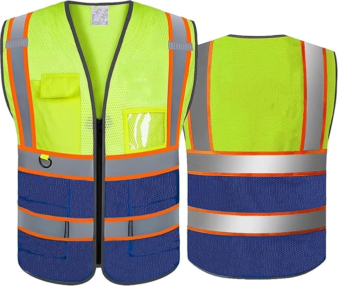 High Visibility Safety Reflective Vest with Pockets and Zipper Construction Hi Vis Work Vest(Yellow/Blue S)