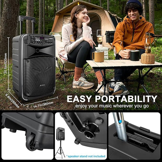 GTSK12-2 Portable Bluetooth PA Speaker System with TWS, Wireless Karaoke Machine for Adults with 12” Subwoofer, Dual UHF Mics, Rechargeable Outdoor Speaker w/USB-C, SD, FM, AUX – for Parties & Events