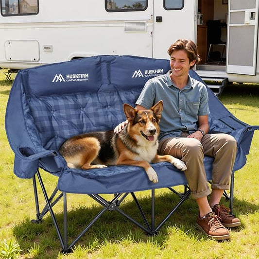 Padded Double Camping Chairs High Back Double Camp Chair Oversized Loveseat Camping Chair Support 800LBS Heavy Duty Camping Couch with Cup Holders, Cooler, Carry Bag, Blue
