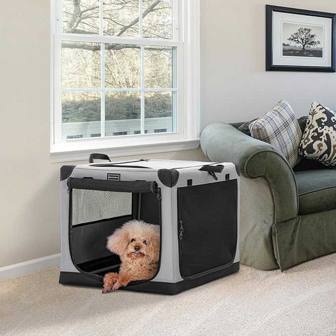 PETSFIT Portable Dog Crate, with Patented Adjustable Fabric Cover, Chewproof & Lockable Mesh Doors, Waterproof Base Collapsible Kennel Grey 26 Inch