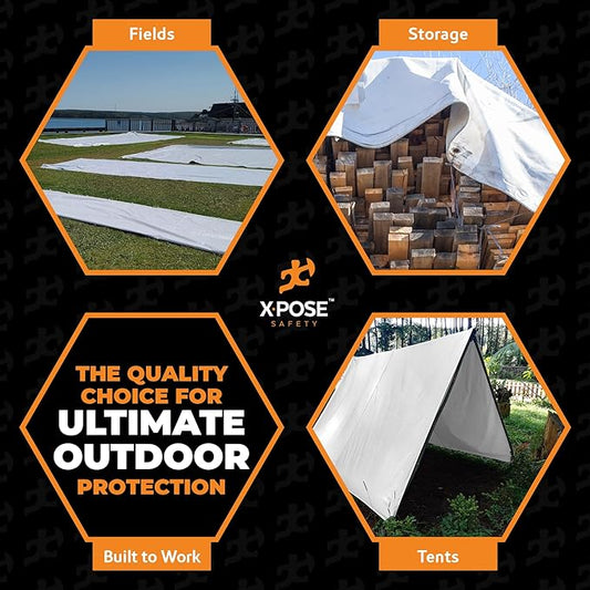 Heavy Duty White Poly Tarp 50' X 100' - Multipurpose Protective Cover - Durable, Waterproof, Weather Proof, Rip and Tear Resistant - Extra Thick 12 Mil Polyethylene - by Xpose Safety