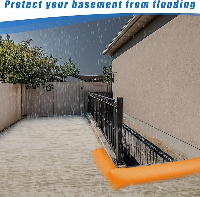 Amylove 4 Pcs PVC Inflatable Flood Barriers for Home Reusable Garage Water Prevention Barriers Flood for Rain Snow Melted Garage Door Basement Home(6 ft x 8 in x 4 in,Orange)