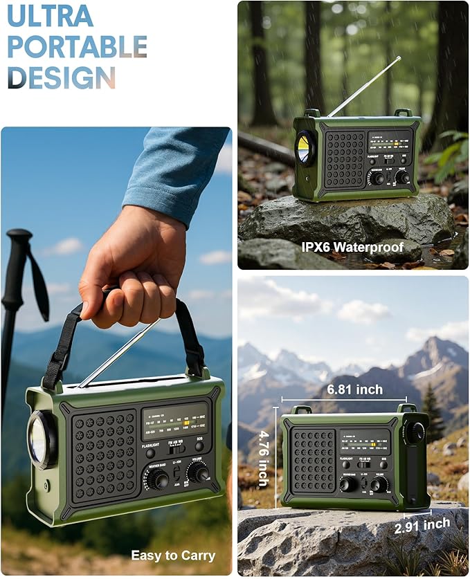 Emergency Weather Radio with Solar & Crank Power โ AM/FM/NOAA, LED Flashlight, Reading Light, USB Charging & SOS โ Survival Gear for Power Outages & Storms