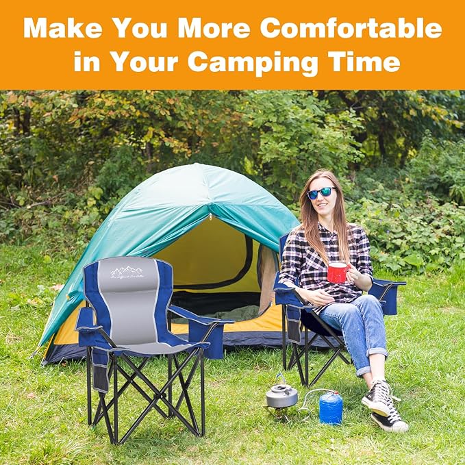 Folding Camping Chair Portable Outdoor Heavy Duty Padded Chairs Lawn Chair with Cup Holder, Storage Pocket and Cooler Bag, Supports 450LBS Blue