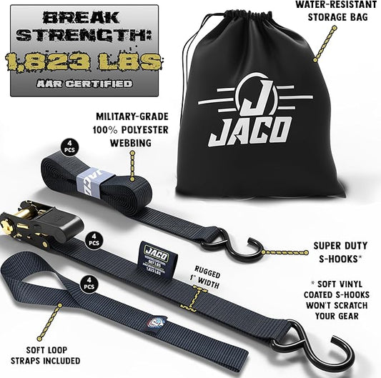JACO Ratchet Tie Down Straps - 1 inch x 15 ft (Pack of 4) | 1,823 lbs (Black)