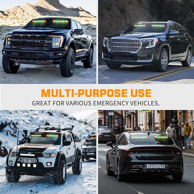 XRIDONSEN 2x 17 inch Amber Green Emergency Lights for Trucks Interior Front/Rear Windshield Dash Strobe Lights 40 LED Safety Flashing Warning Hazard Caution w/Controller for Construction Vehicles Car