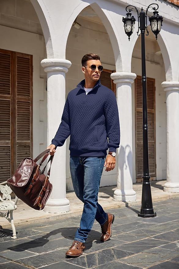 COOFANDY Mens Quarter Zip Pullover Quilted Sweatshirt Knit Long Sleeve Mock Neck Sweater Polo with Pocket