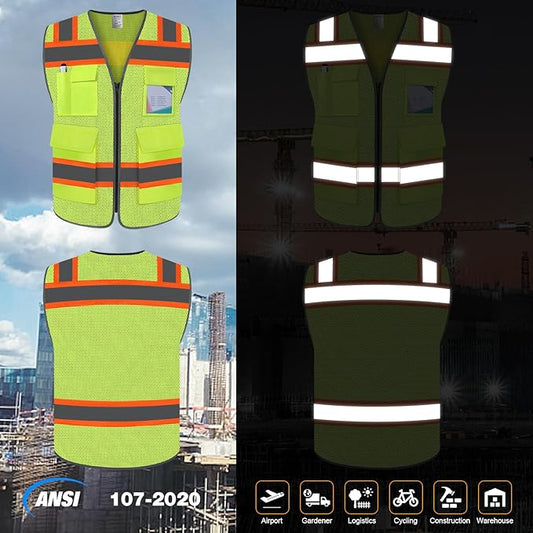 TCCFCCT Reflective Safety Vest 5 Pockets Mesh High Visibility Vest for Men Women, Hi Vis Construction Work Vest with Fluorescent Orange Edge, Durable with Reinforced Sewing, Meet ANSI/ISEA, DW-Yellow, S