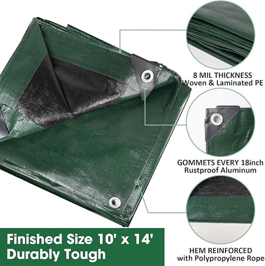 Heavy Duty Double-Sided Waterproof Poly Tarp 10x14 Feet 8mil Thick Polyethylene Tarps, Perfect for Outdoor Use, Plastic Cover & Mat for Tent Camping Storage Boat Bikes Vehicles
