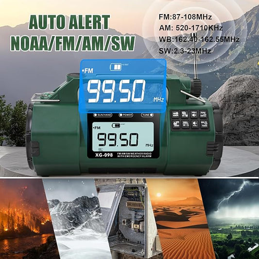 Emergency Weather Radio, 5000mAh Replaceable Battery, Solar Hand Crank Radio with AM/FM/SW/NOAA Alert, Sleep Timer Alarm Clock, Compass Cell Phone Charger, Headphone Jack, Flashlight and SOS Siren