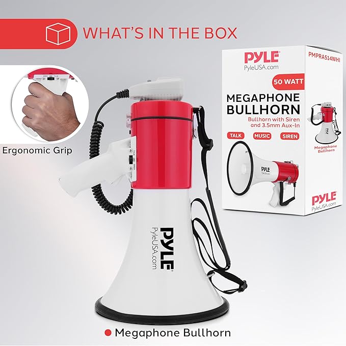 Pyle 50W Megaphone Bullhorn - Portable, Automatic Siren & Adjustable Volume, Projection Range Up to 1200 Square Yards, Aux Input, Talk, Siren, Music, Whistle, & Record, Shoulder Strap (Black)