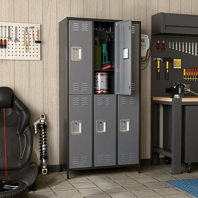Metal Lockers with 6 Doors and 18 Hooks, 72" Tall Lockers for Employees with 18 Hooks for Home Office School Gym, Assembly Required, Black and Gray