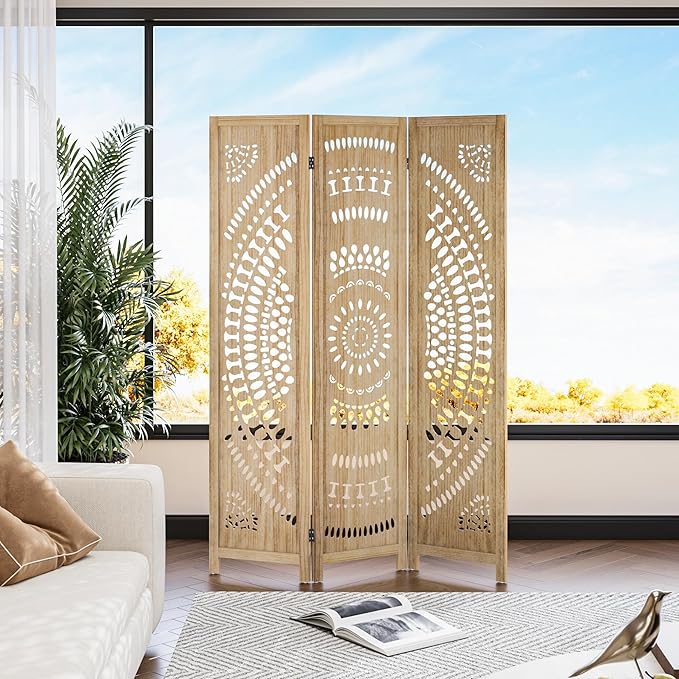 WelFurGeer Handcrafted Carved Wooden Room Divider Screen, Folding Privacy Screen for Room Separation, Decorative Room Dividers, 360° Adjustable Folding Panels for Privacy, Home, Office & Patio