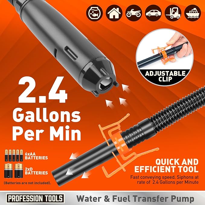 Portable Fuel Transfer Pump - 2.4 GPM Battery Powered Siphon Pump,Siphon Pump for Gasoline,for Fuel, Oil & Water, with Powerful Suction Ergonomic Nozzle 39 Inches Hose(Orange)