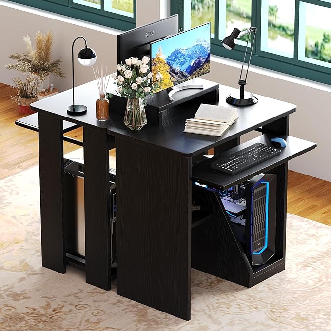 ALISENED 30" Small Computer Desk with Keyboard Tray Monitor Stand, Study Writing Desk with Storage Shelves, Modern Workstation for Small Spaces, Save Space, Black A