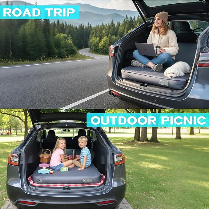 UPWELL Self Inflating Sleeping Pad Truck Camping Thick Mattress for Tesla Model Y Solid Foam 4 Season Car Bed Mattress Portable Roll Up Bed Grey,with air Pump