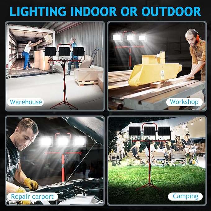 Juyace 14000Lm LED Work Light with Stand 150W 5000K Dual Head Lamp with Independent Switch Portable Construction Flood Outdoor IP65 Waterproof for Garage Workshop Backyard 2 Pack