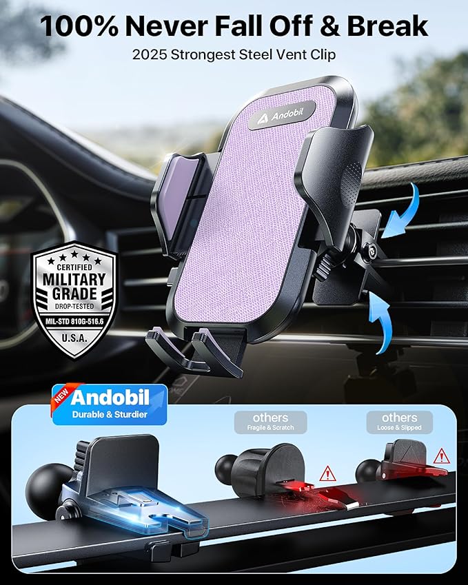 andobil Car Phone Holder, 2025 Military-Grade 89bs Strongest Suction Phone Holders for Your Car Dashboard/Windshield/Vent Easy Clamp Cellphone Holder Truck Stand for iPhone 17 16 15 Pro Max, Purple