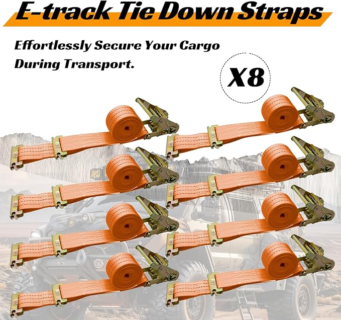8 Pack 2" x 15' Heavy Duty E-Track Ratchet Straps - 4500LBS Break Strength - Tie Down Straps for Trucks, Trailers, Motorcycles, and Cargo(Orange)