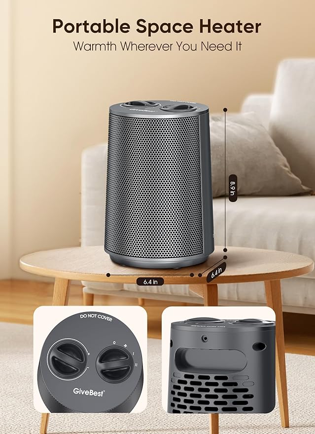 GiveBest Portable Space Heater – 1500W Quiet & Energy Efficient Overheat & Tip-Over Protection, Fast Heating PTC Technology, Ideal for Bedroom, Office & Desk Use, Grey