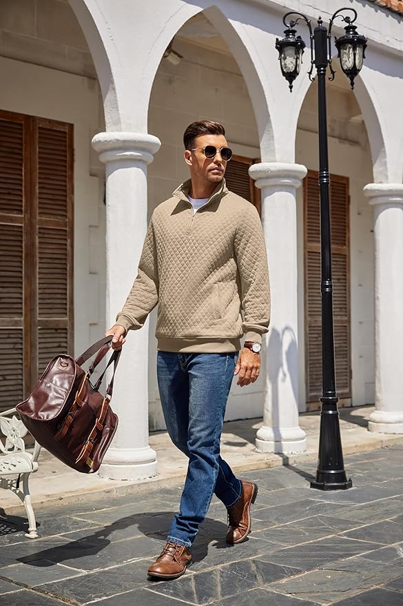 COOFANDY Mens Quarter Zip Pullover Quilted Sweatshirt Knit Long Sleeve Mock Neck Sweater Polo with Pocket