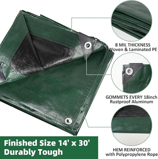 Heavy Duty Double-Sided Waterproof Poly Tarp 14x30 Feet 8mil Thick Polyethylene Tarps, Perfect for Outdoor Use, Plastic Cover & Mat for Tent Camping Storage Boat Bikes Vehicles
