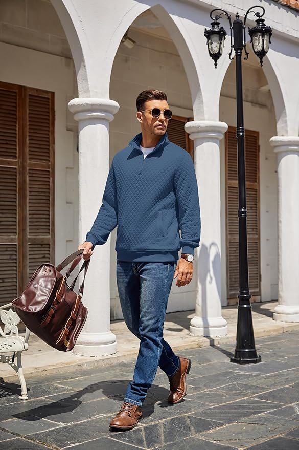 COOFANDY Mens Quarter Zip Pullover Quilted Sweatshirt Knit Long Sleeve Mock Neck Sweater Polo with Pocket