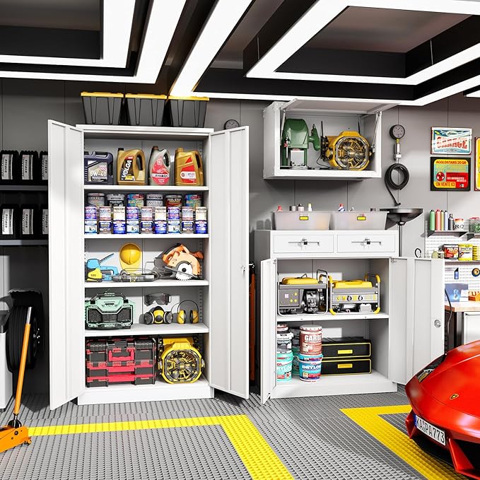 Greenvelly Metal Storage Cabinet with Drawers, 42β White Steel Garage Storage Cabinet with 2 Doors and Adjustable Shelves, Locking Office Storage Cabinets, Tool Metal File Cabinet for Office School