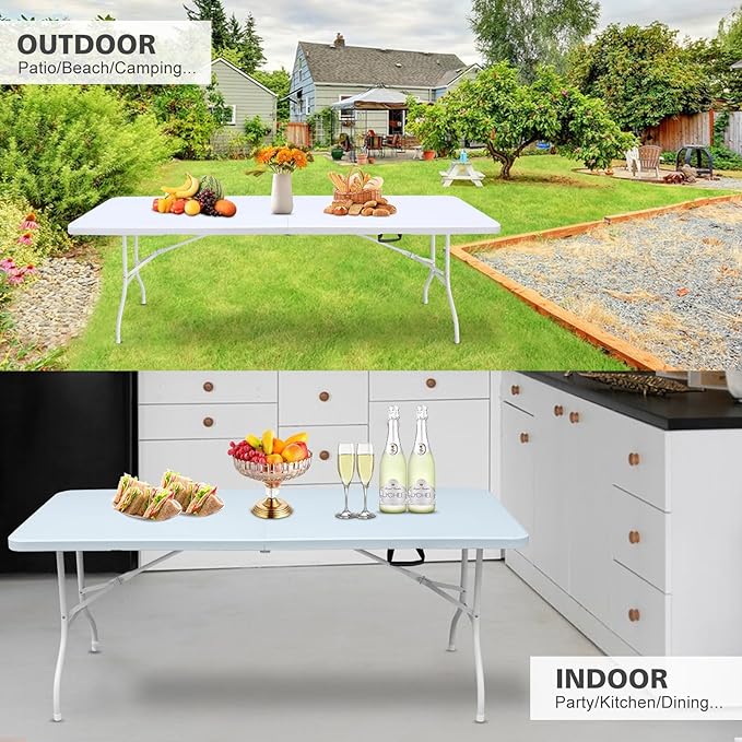 Portable 8Ft Plastic Folding Table, Heavy Duty 8ft Fold-in-Half Table with Carrying Handle, 8' Folding Utility Foldable Table for Picnic Party Camping Kitchen, Indoor/Outdoor (White)