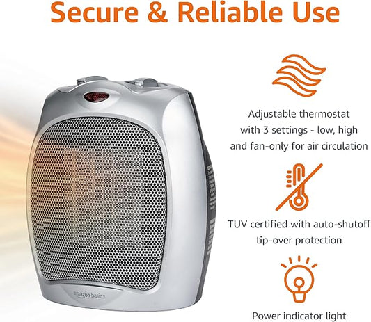 Amazon Basics Ceramic Space Heater, Portable Indoor Heating Solution, With Overheat and Tip-Over Protection, Thermostat, Non-Oscillating, 1500W, 7.52"D x 6.34"W x 9.45"H, Silver