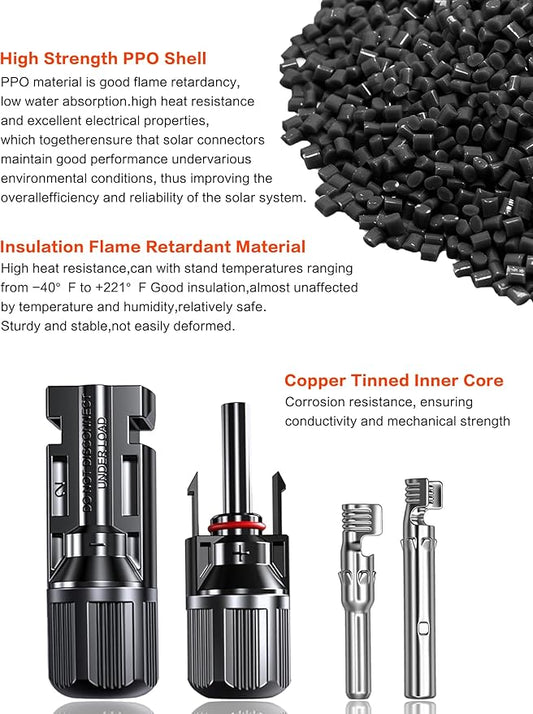 20Feet 10AWG Solar Extension Cable with Female & Male Connectors 6mm Solar Panel Weatherproof Wires for Solar Panels RV Marine Camper Ferry Black & Red PV Tinned Copper Extension Cord Kit