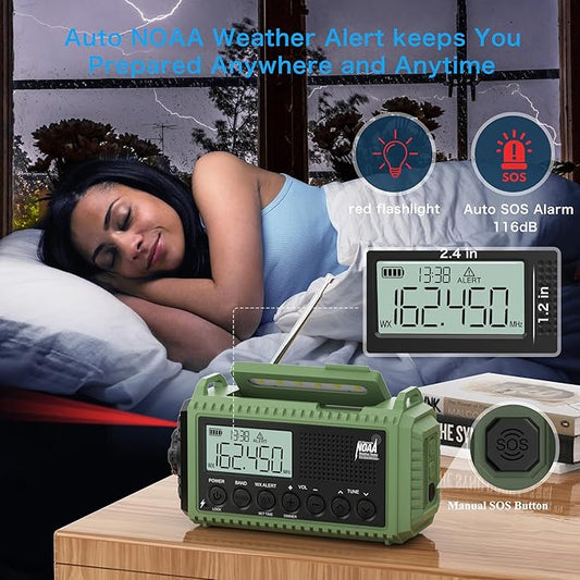 NOAA Weather Radio 12000mAh - Emergency Radio Hand Crank Solar Battery Operated Portable AM/FM Shortwave Radio with USB-C Charger, Flashlight, SOS Alert for Home Outdoor Hurricane Survival
