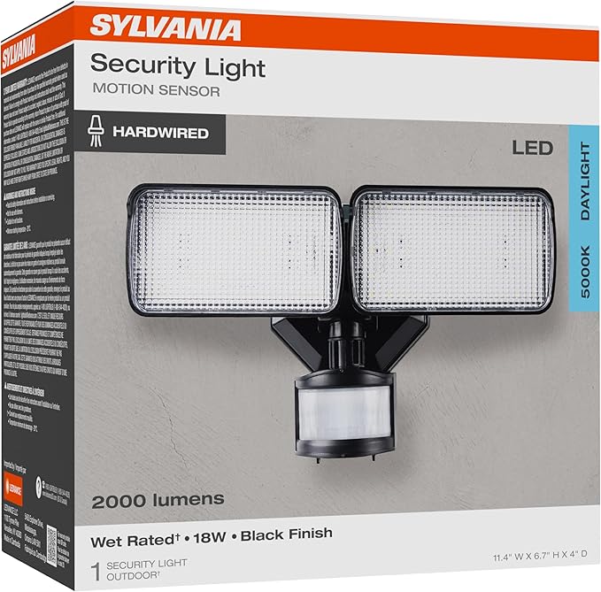 Sylvania 18W Security LED Light with Motion Sensor, Hardwired, 2000 LMS, Wet Rated, 5000K, Daylight - 1 Pack (66476)