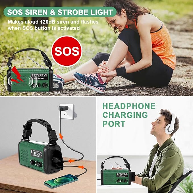 Hand Crank Emergency Radio, NOAA Weather Radio with AM/FM & Solar Radio, 20000MAH Rechargeable Battery Powered, Cell Phone Charging, Flashlight Reading Lamp Headphone Jack, SOS Alarm for Emergency