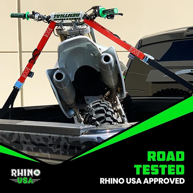Rhino USA Motorcycle Tie Down Straps (2 Pack) Lab Inspected 2,200lb Break Strength, Steel Cambuckle Tiedown Set with Integrated Soft Loops - Better Than a Ratchet Strap (Red 2-Pack)